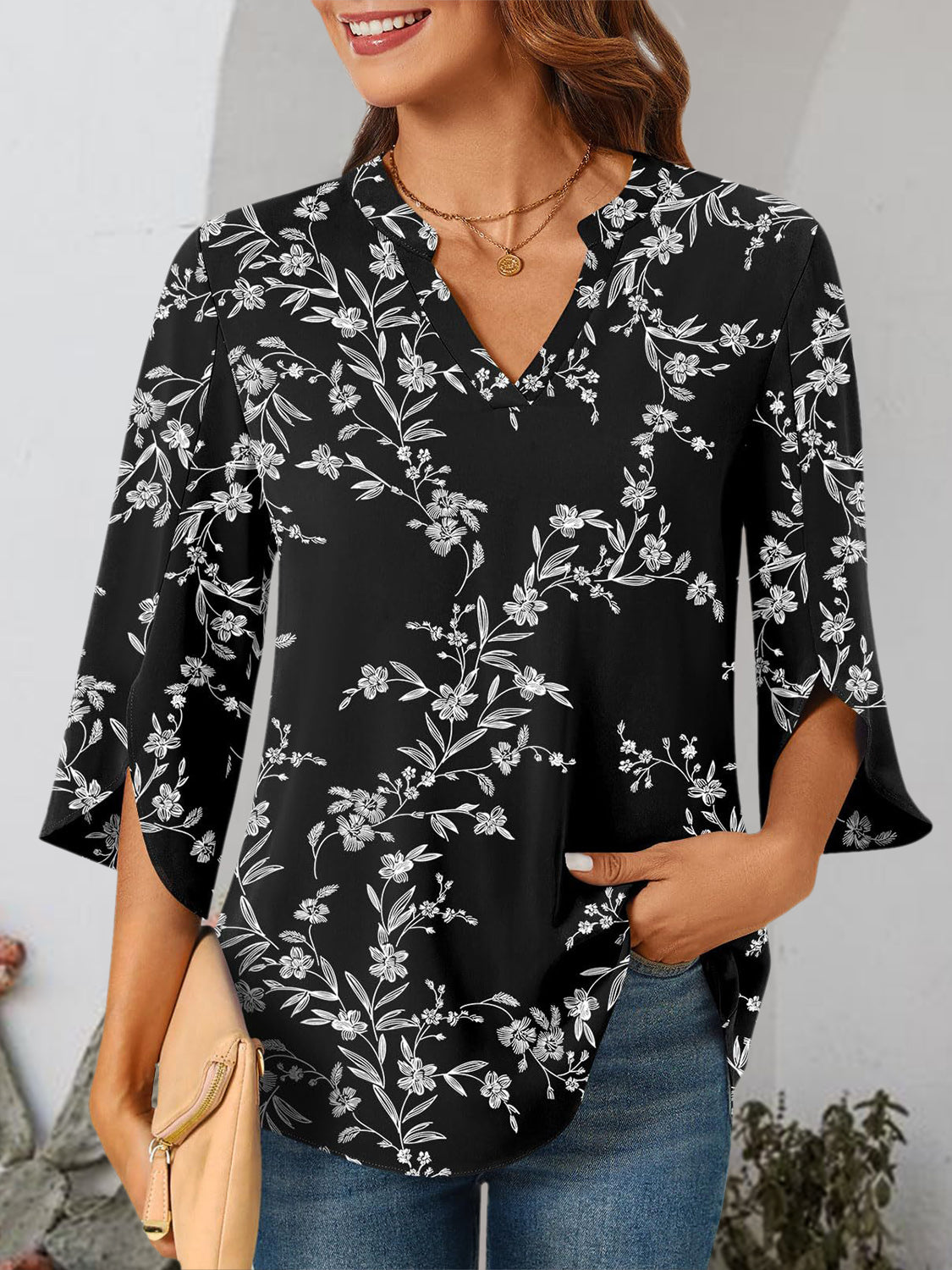 Notched Slit Half Sleeve Blouse - RebelReine Apparel & Co.