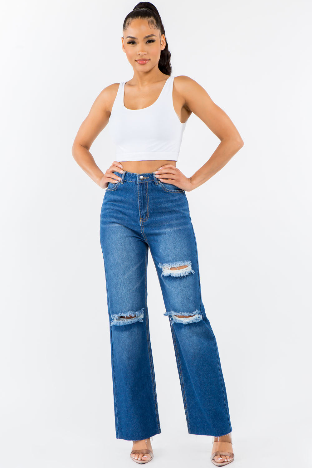 American Bazi High Waist Distressed Wide Leg Jeans - RebelReine Apparel & Co.