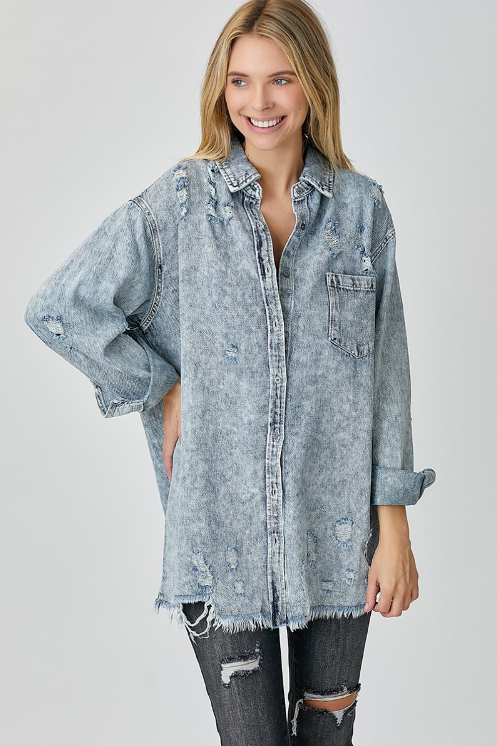 RISEN Distressed Raw Hem Denim Shirt - RebelReine Apparel & Co.