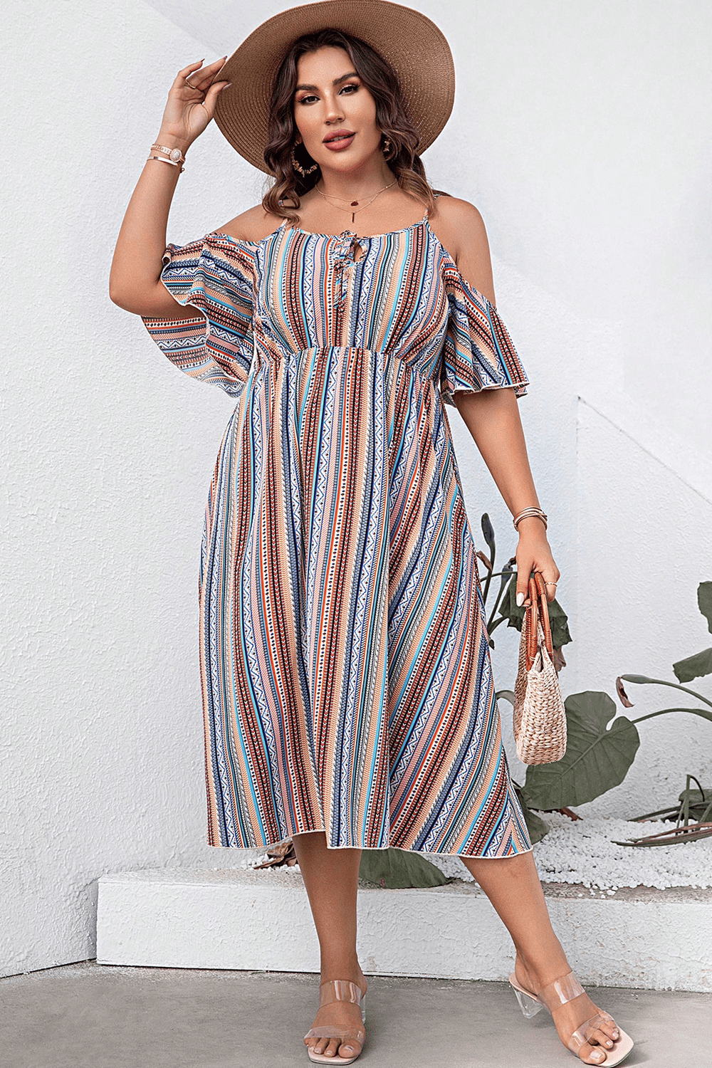 Plus Size Striped Cold-Shoulder Dress - RebelReine Apparel & Co.