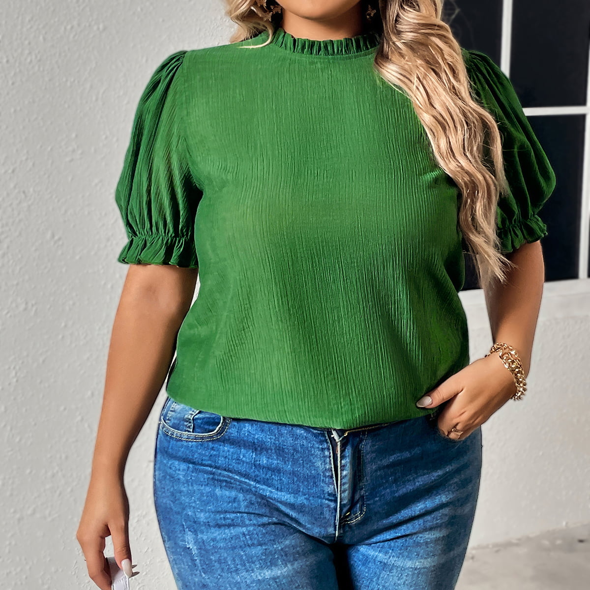 Plus Size Round Neck Flounce Sleeve Blouse - RebelReine Apparel & Co.