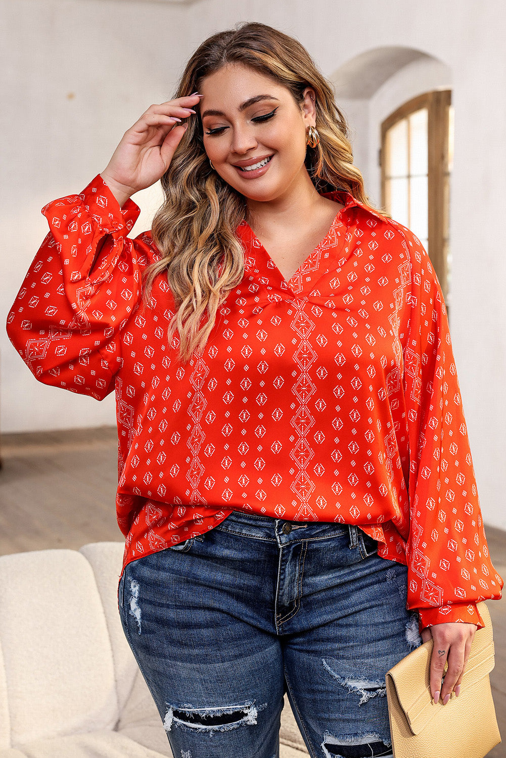 Plus Size Printed Johnny Collar Long Sleeve Blouse - RebelReine Apparel & Co.