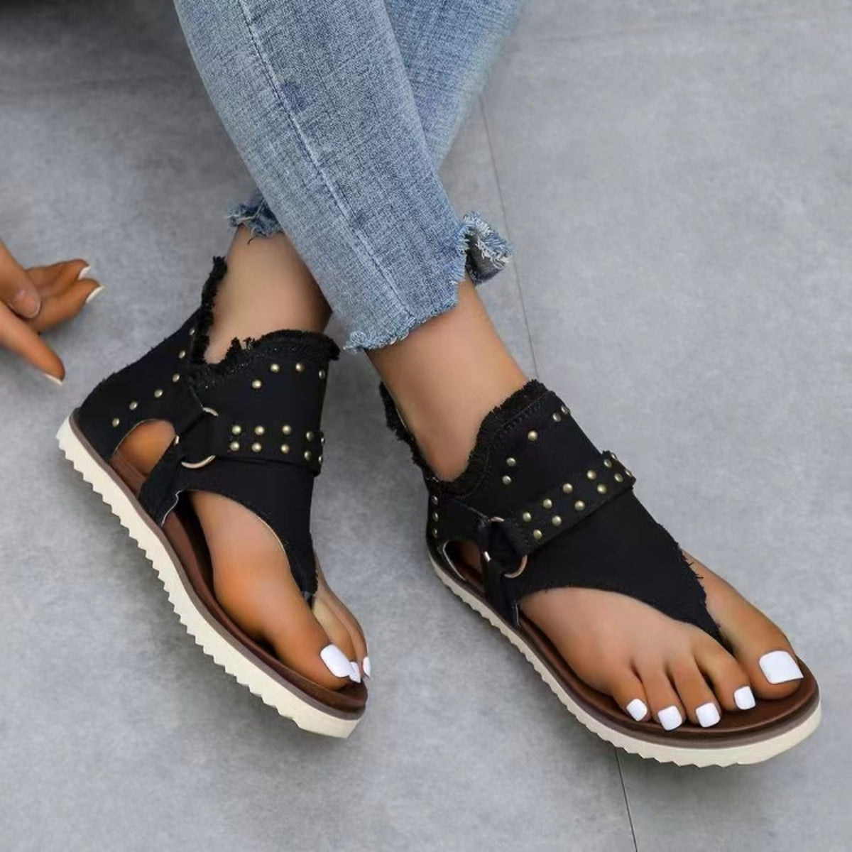 Studded Raw Hem Flat Sandals - RebelReine Apparel & Co.