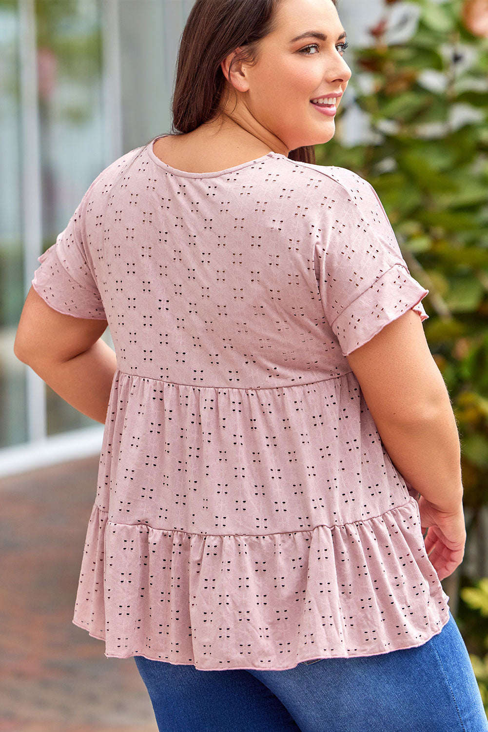 Plus Size Eyelet Round Neck Short Sleeve Blouse - RebelReine Apparel & Co.