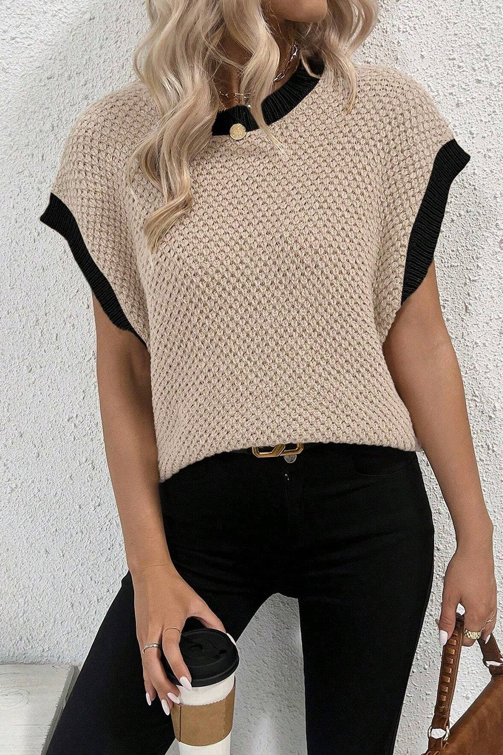 Contrast Round Neck Cap Sleeve Knit Top - RebelReine Apparel & Co.