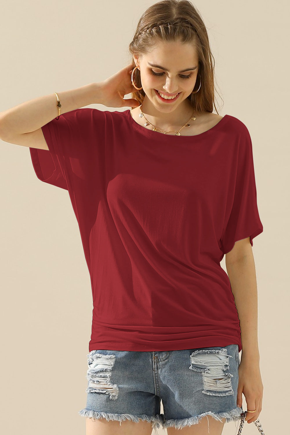 Ninexis Boat Neck Short Sleeve Ruched Side Top - RebelReine Apparel & Co.