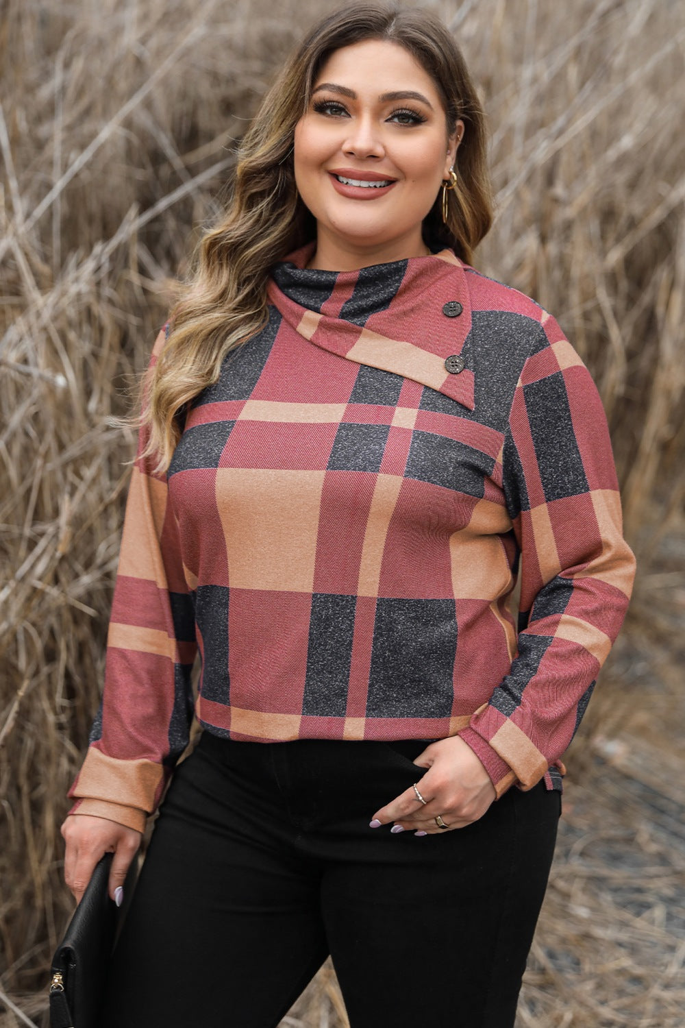 Plus Size Plaid Cowl Neck Long Sleeve Sweatshirt