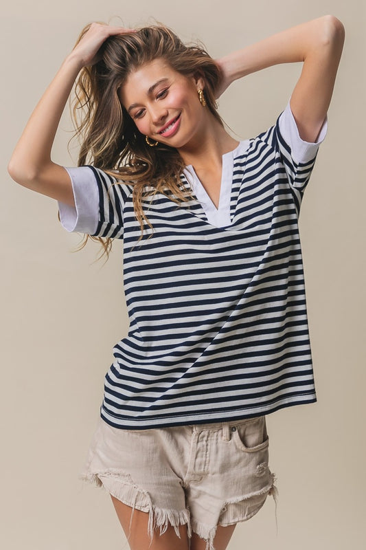 BiBi Contrast Striped Notched Knit Top - RebelReine Apparel & Co.