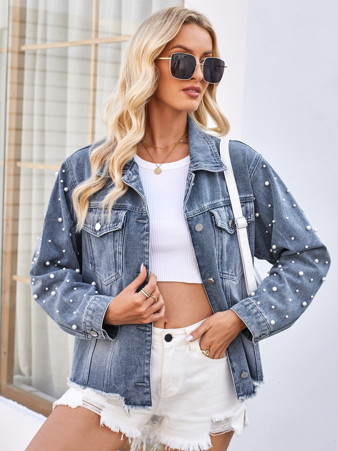 Pearl Trim Raw Hem Denim Jacket - RebelReine Apparel & Co.