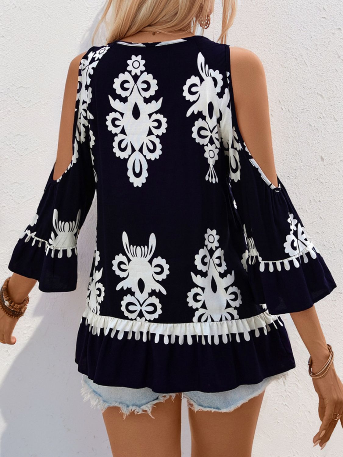 Tassel Printed Tie Neck Cold Shoulder Blouse - RebelReine Apparel & Co.