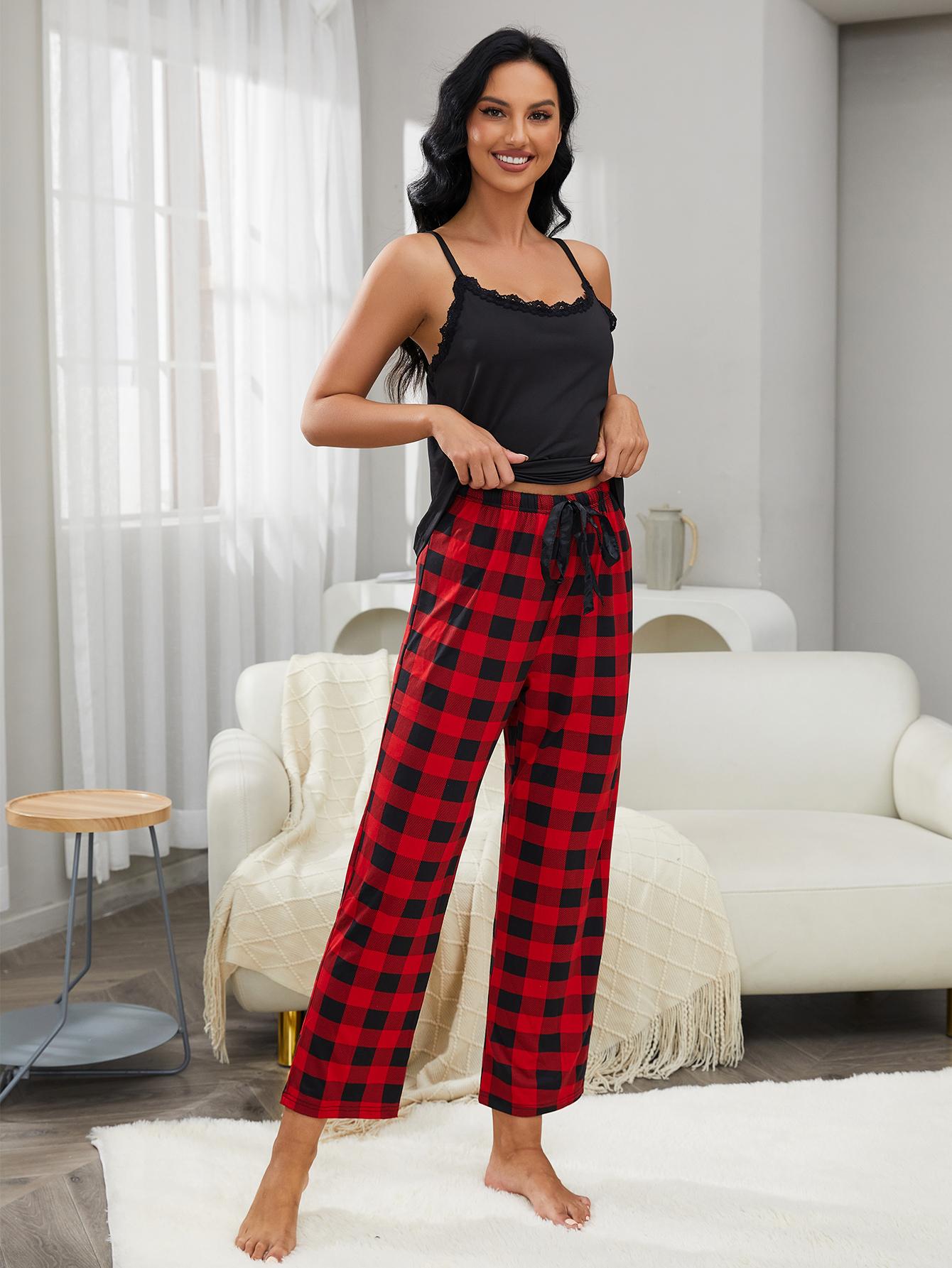 Lace Trim Cami and Plaid Pants Lounge Set - RebelReine Apparel & Co.