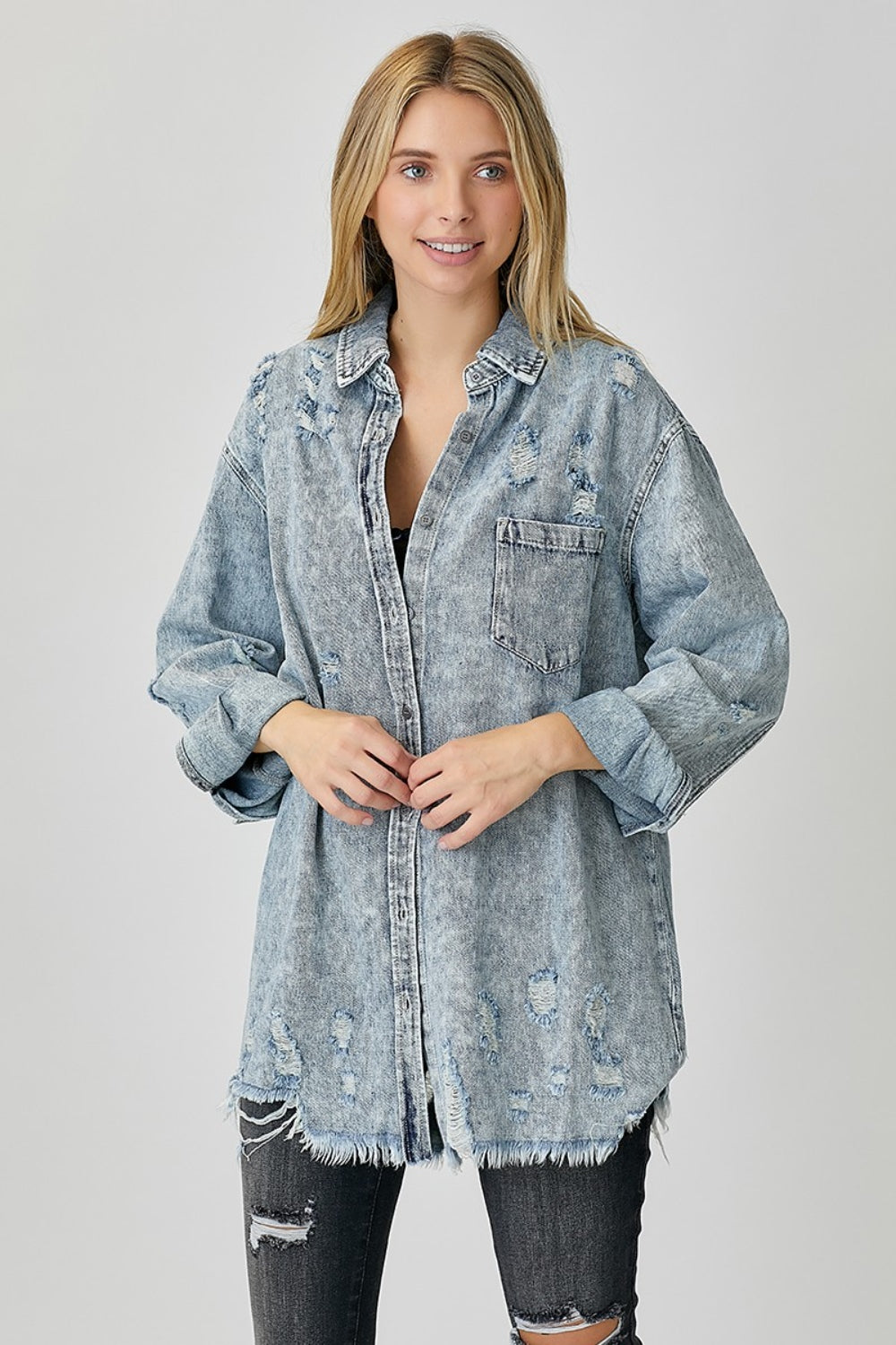 RISEN Distressed Raw Hem Denim Shirt - RebelReine Apparel & Co.