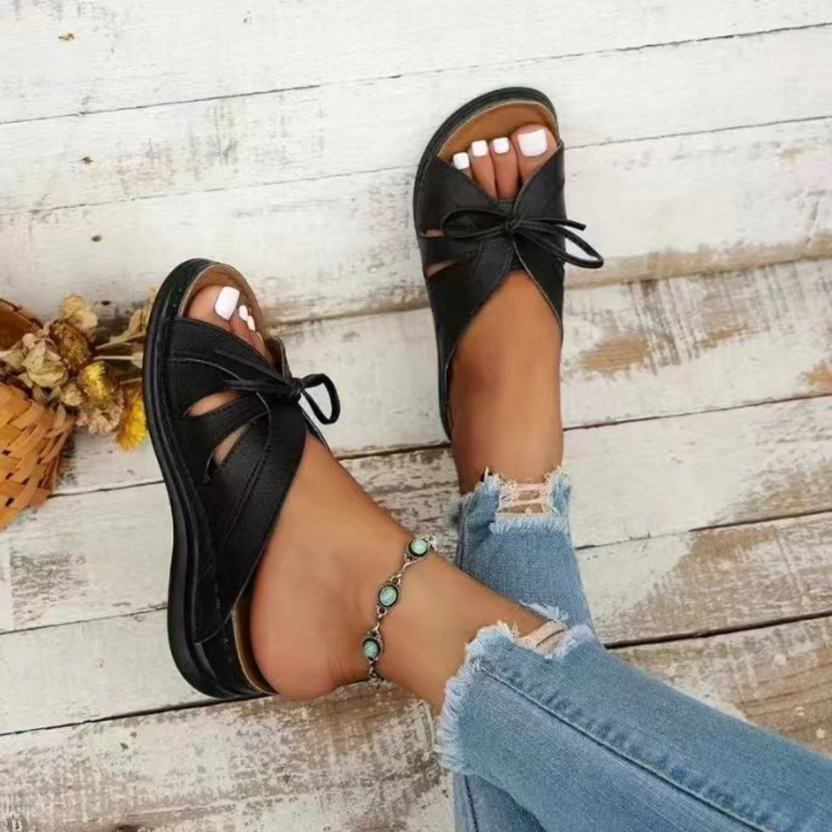 Tied Open Toe Low Heel Sandals - RebelReine Apparel & Co.