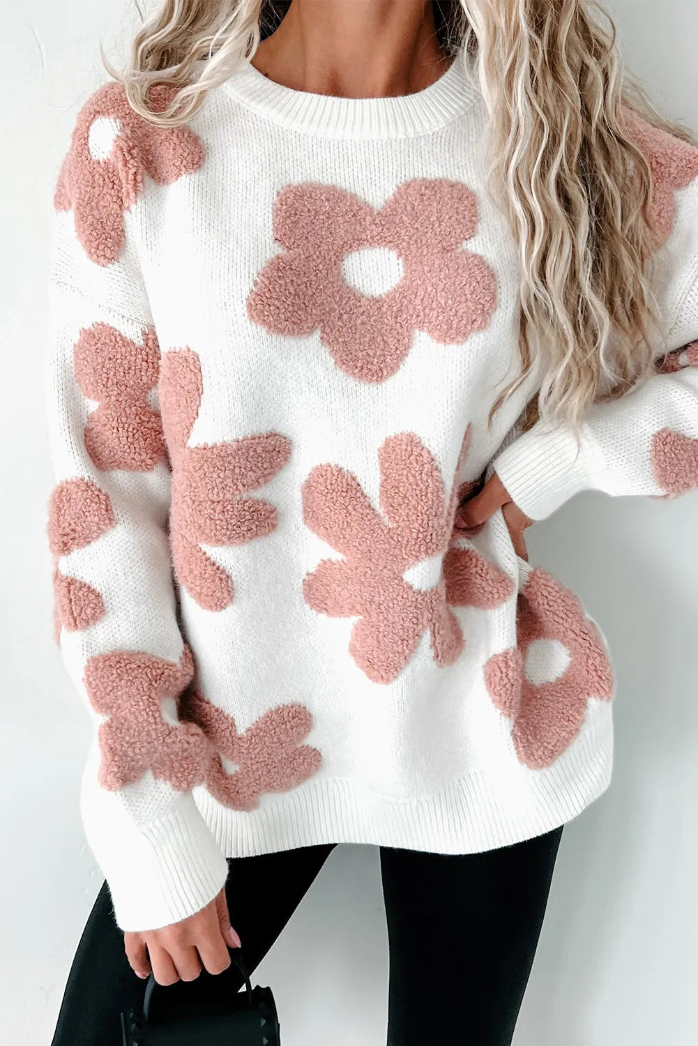 Flower Round Neck Long Sleeve Knit Top - RebelReine Apparel & Co.