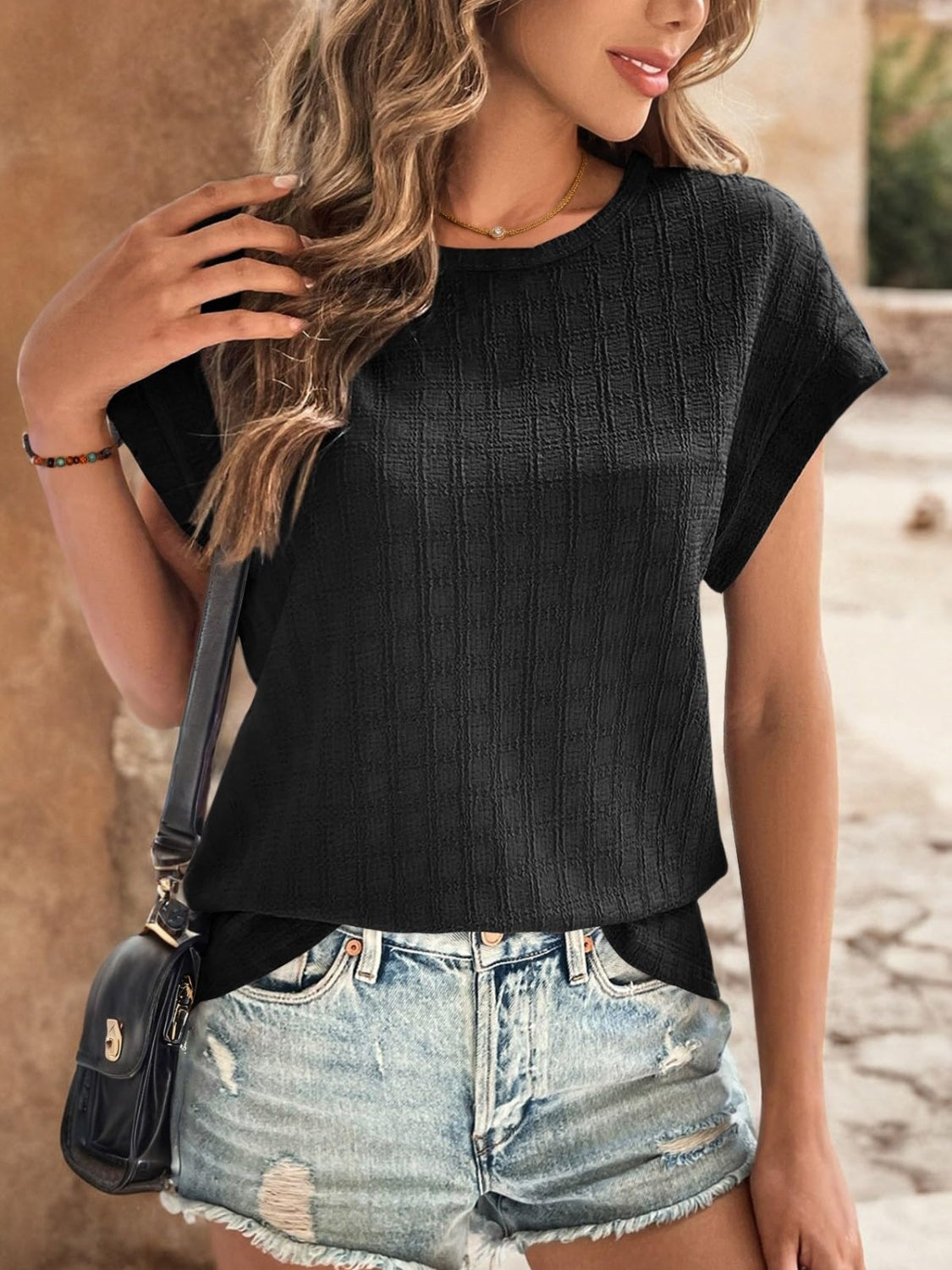 Textured Round Neck Short Sleeve Top - RebelReine Apparel & Co.