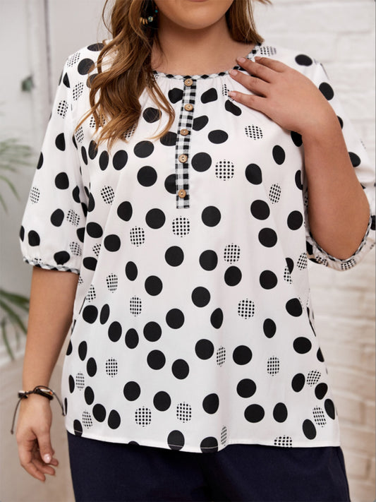 Plus Size Polka Dot Round Neck Half Sleeve Blouse - RebelReine Apparel & Co.