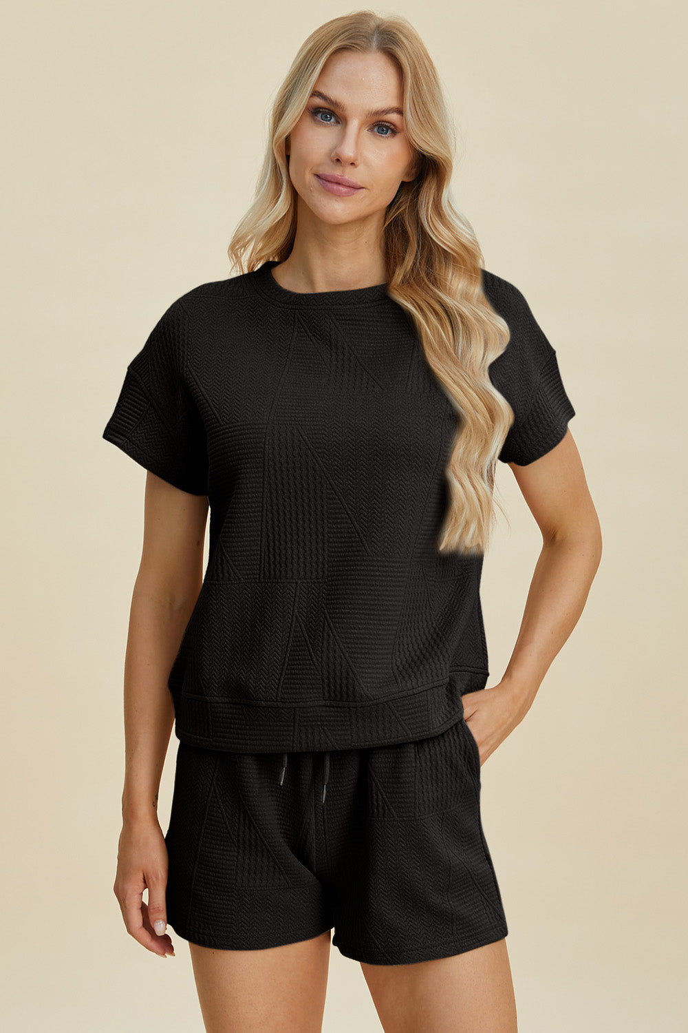 Double Take Full Size Texture Short Sleeve Top and Shorts Set - RebelReine Apparel & Co.