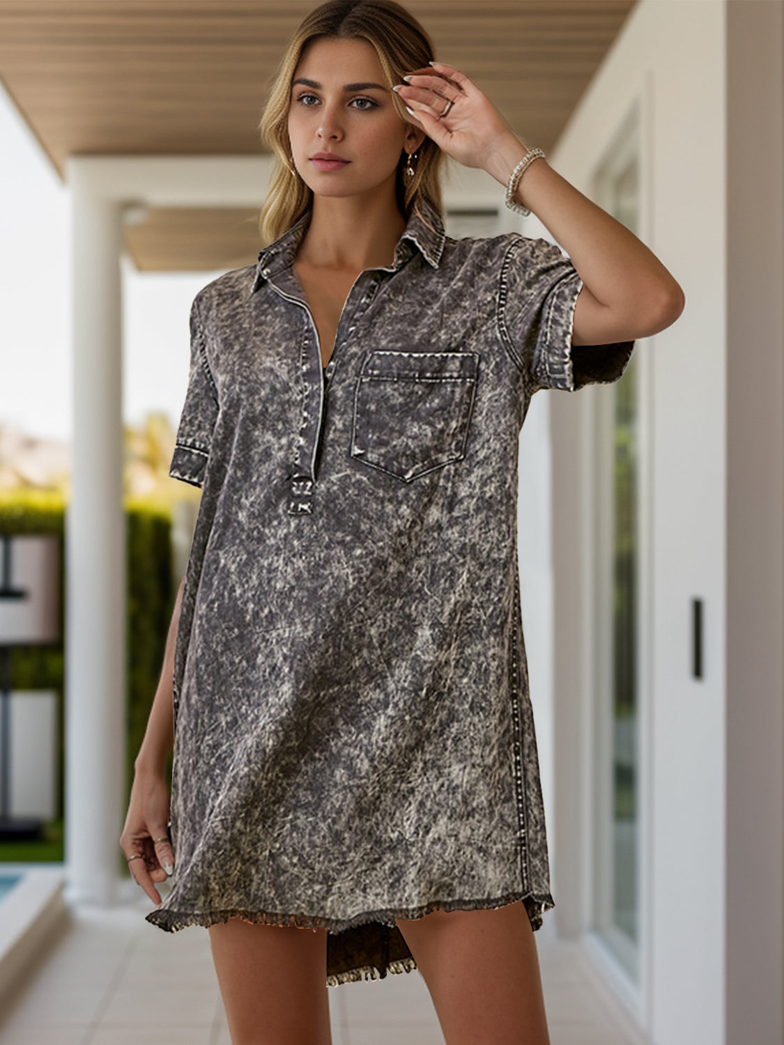 Pocketed Collared Neck Short Sleeve Denim Dress - RebelReine Apparel & Co.