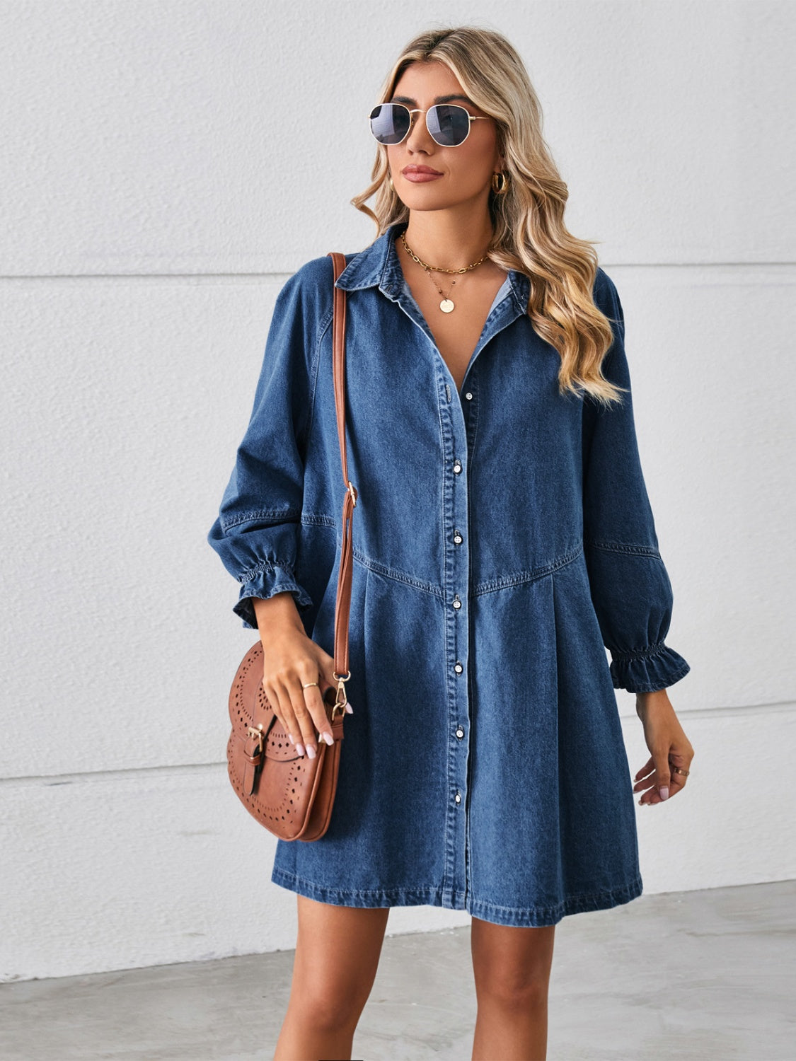 Button Up Flounce Sleeve Mini Denim Dress - RebelReine Apparel & Co.