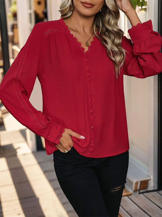 Lace Detail V-Neck Long Sleeve Blouse - RebelReine Apparel & Co.