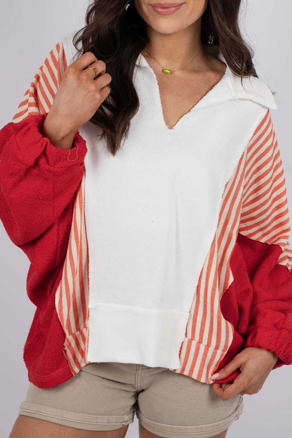 Striped Johnny Collar Long Sleeve Sweatshirt