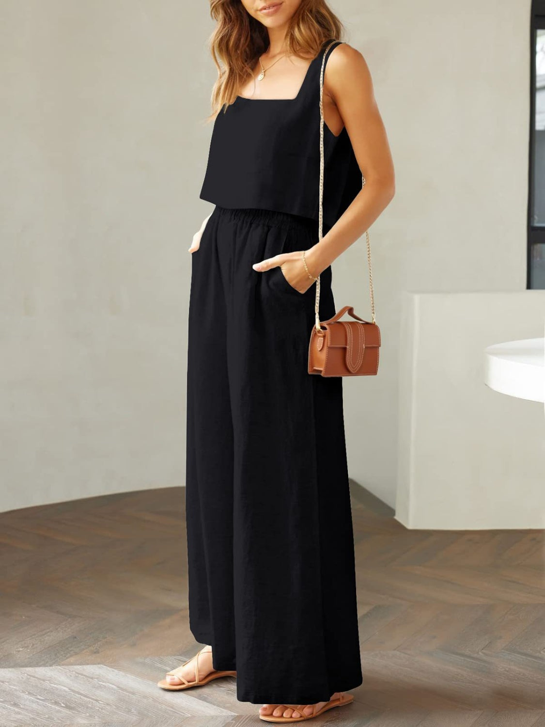 Square Neck Top and Wide Leg Pants Set