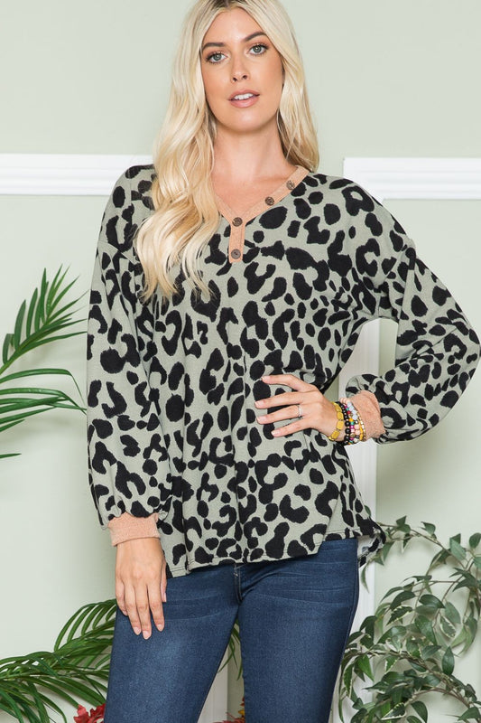 Celeste Full Size Leopard V-Neck Long Sleeve Blouse