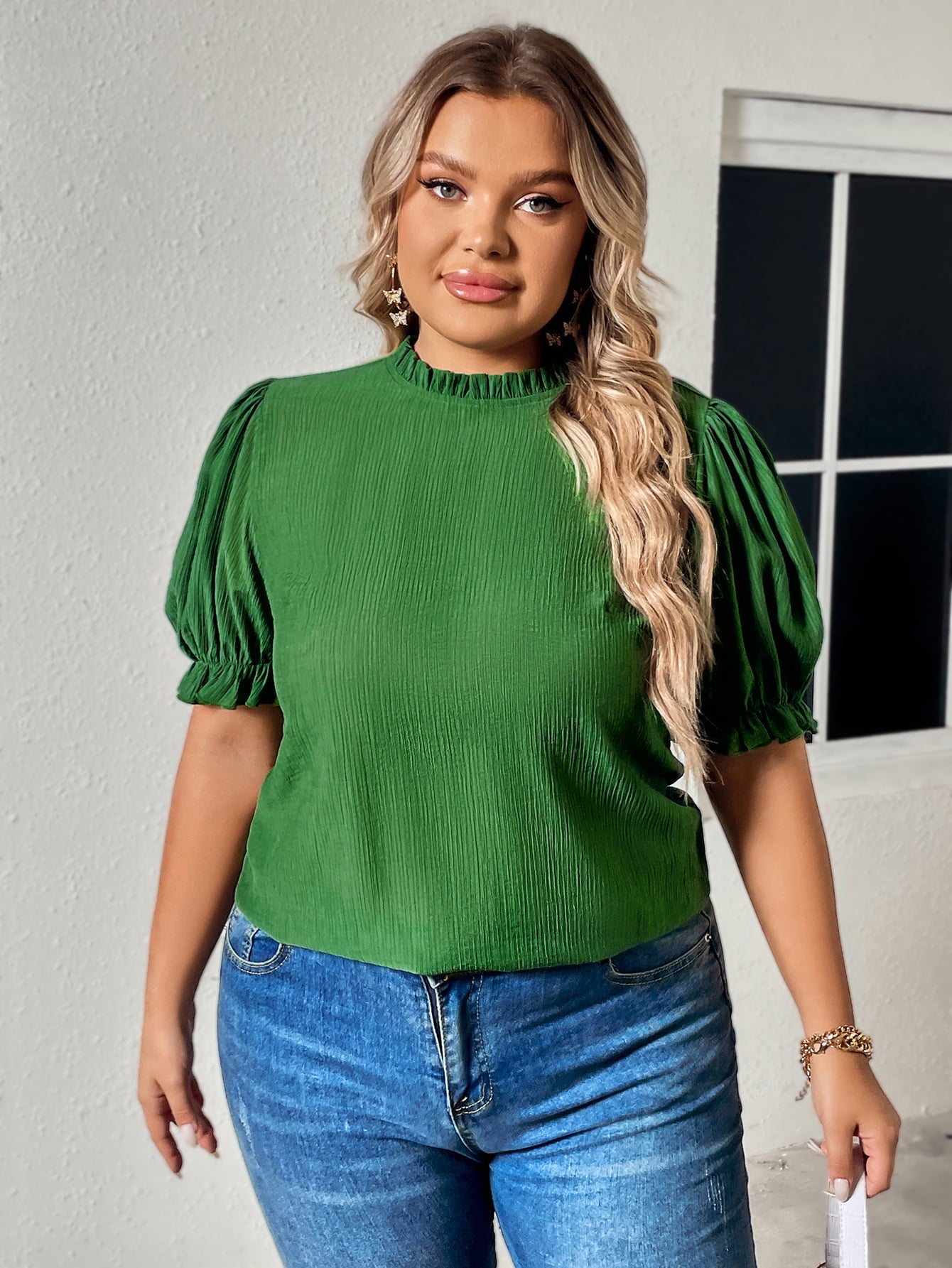 Plus Size Round Neck Flounce Sleeve Blouse - RebelReine Apparel & Co.