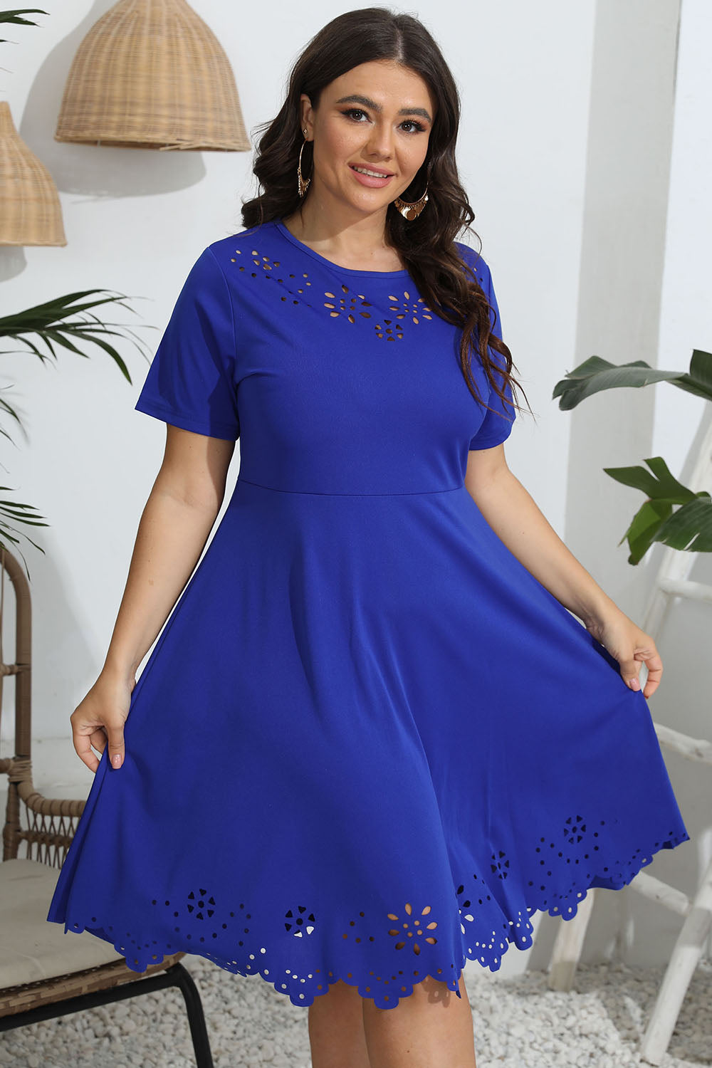 Plus Size Round Neck Openwork Dress - RebelReine Apparel & Co.