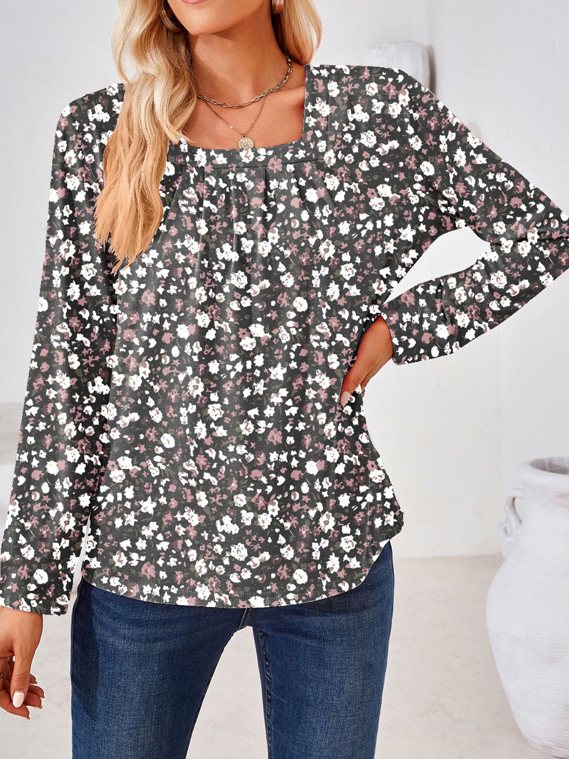 Full Size Square Neck Long Sleeve Blouse - RebelReine Apparel & Co.