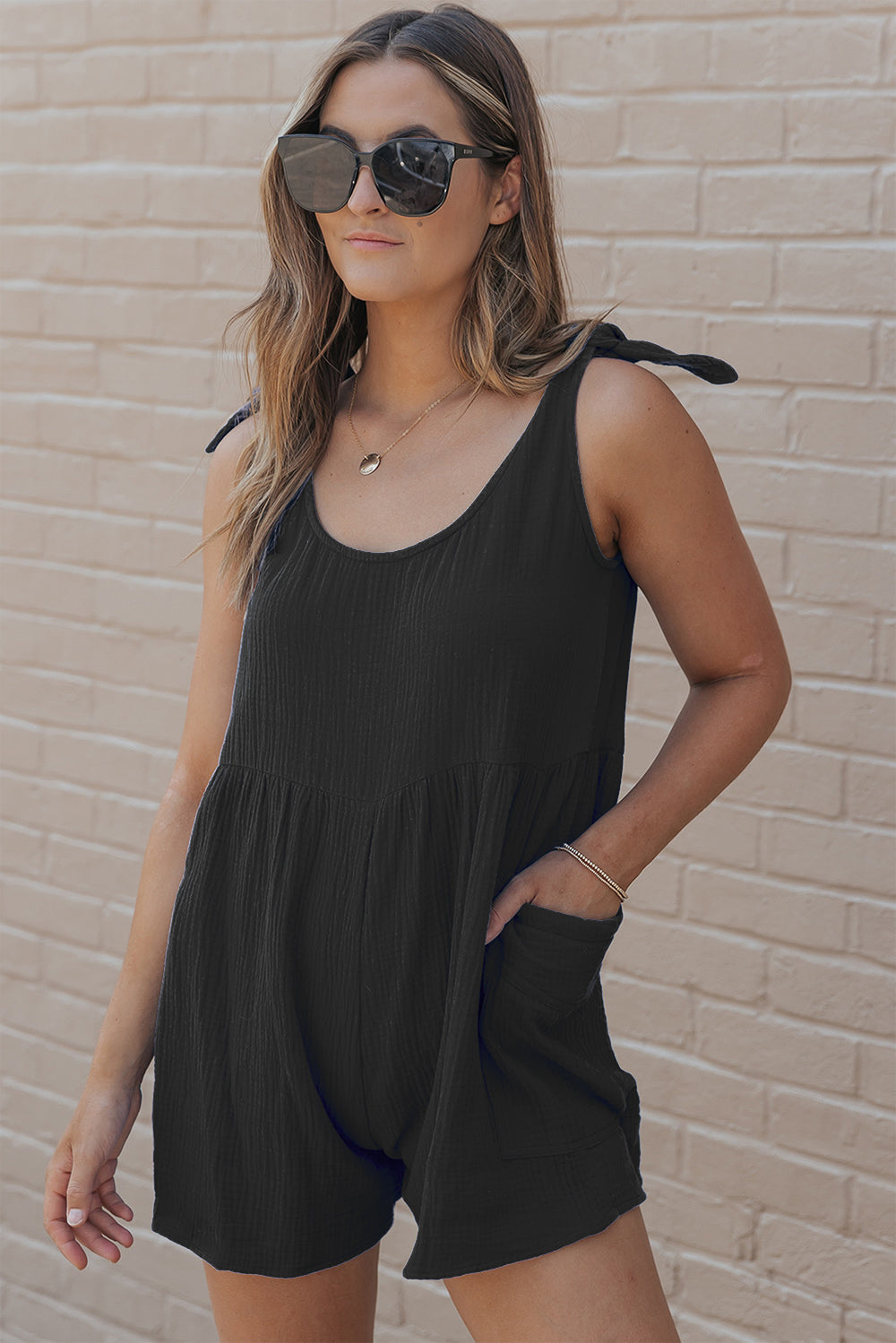 Scoop Neck Tie Shoulder Romper - RebelReine Apparel & Co.