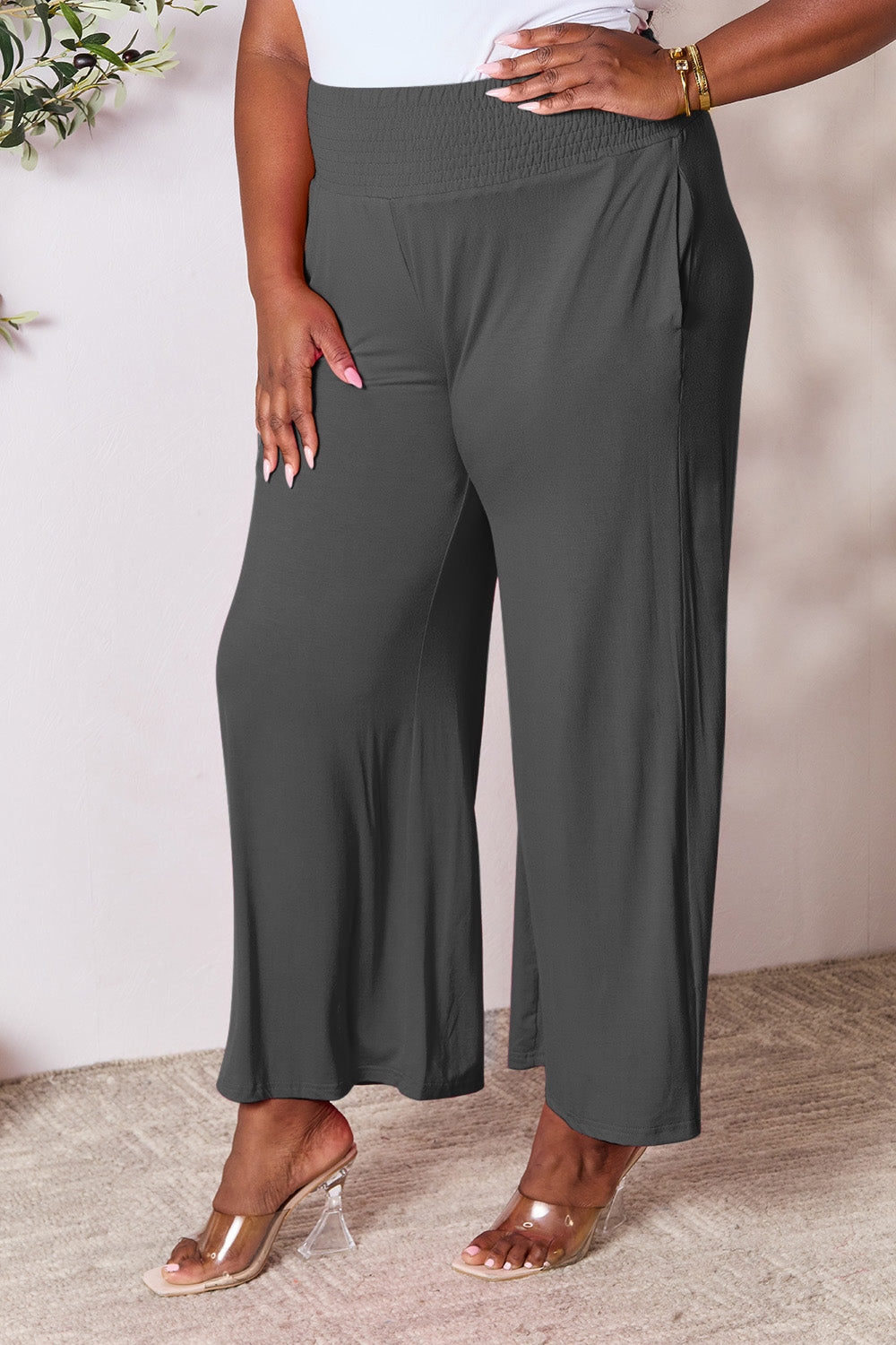 Double Take Full Size Smocked Wide Waistband Wide Leg Pants - RebelReine Apparel & Co.