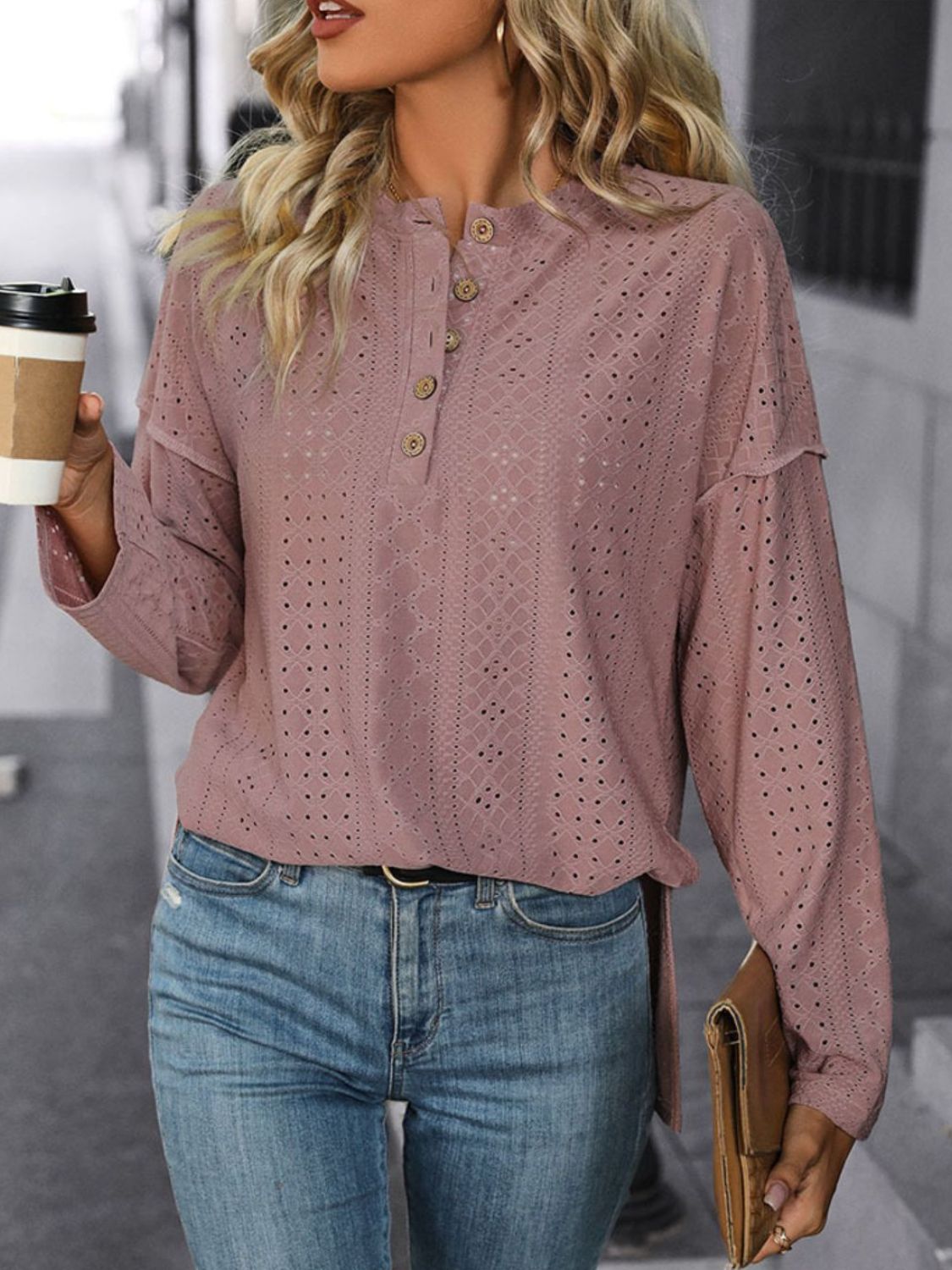 Eyelet Round Neck Long Sleeve Top - RebelReine Apparel & Co.