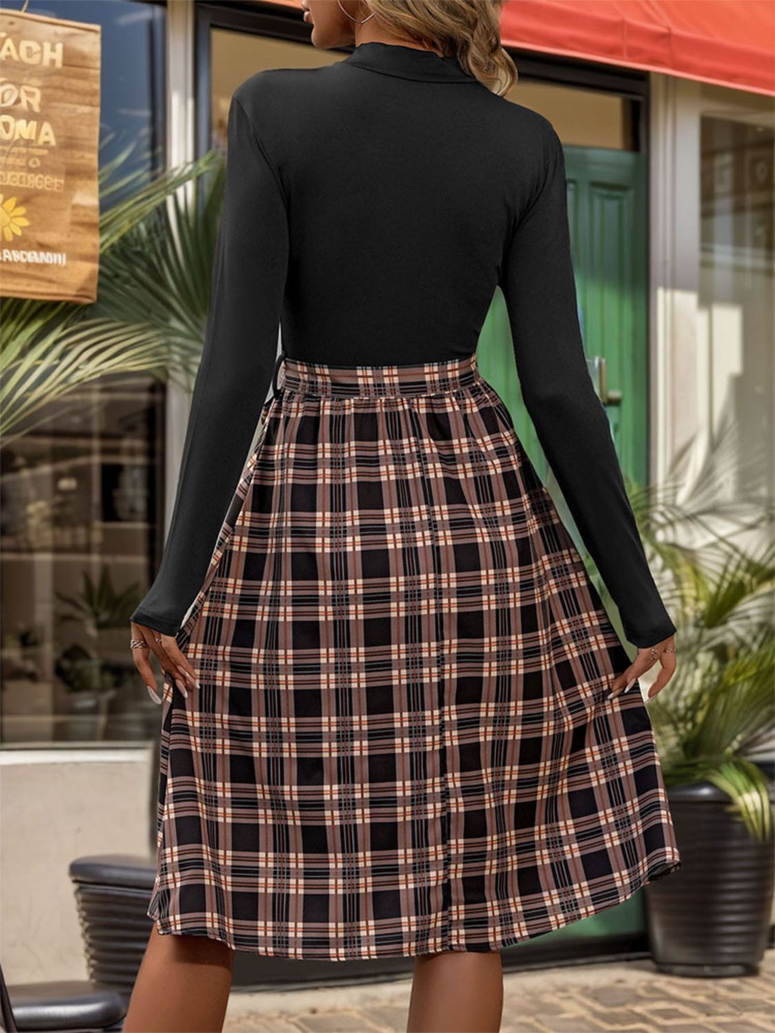 Plaid Mock Neck Long Sleeve Dress - RebelReine Apparel & Co.