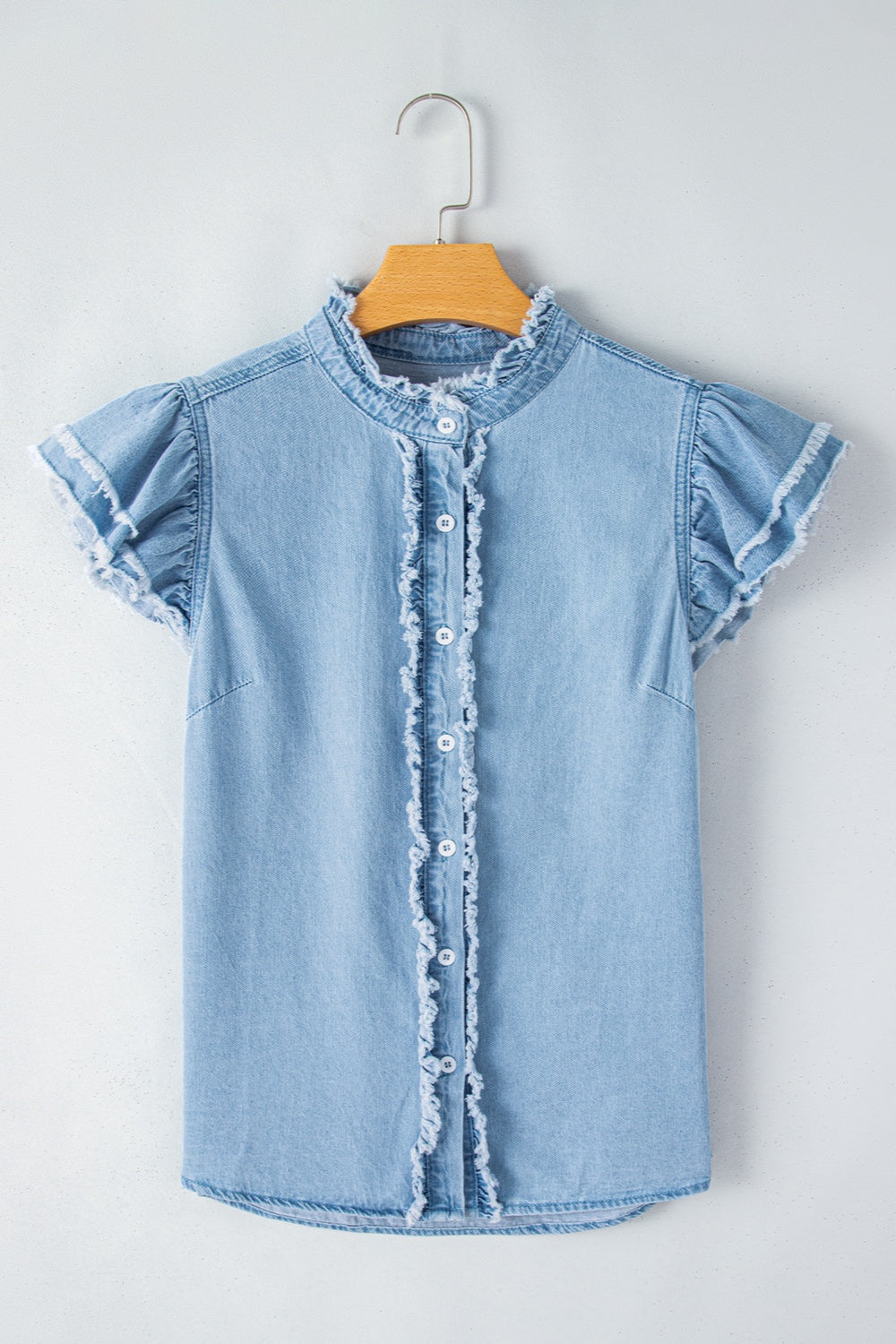 Raw Hem Button Up Cap Sleeve Denim Top - RebelReine Apparel & Co.