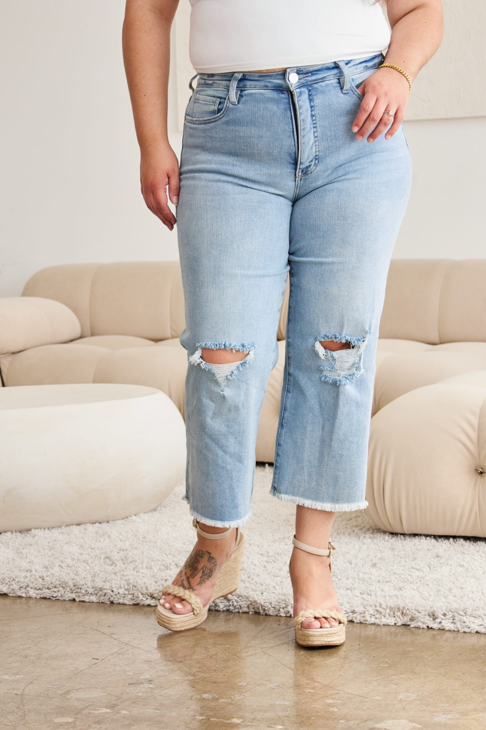 RFM Full Size Tummy Control High Waist Raw Hem Distressed Jeans - RebelReine Apparel & Co.