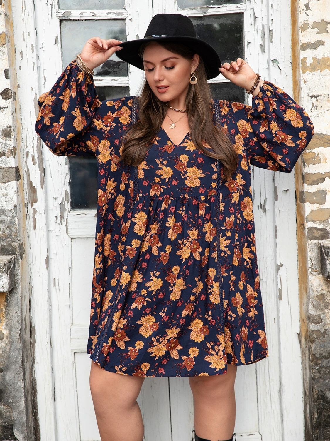 Plus Size Floral V-Neck Balloon Sleeve Dress - RebelReine Apparel & Co.