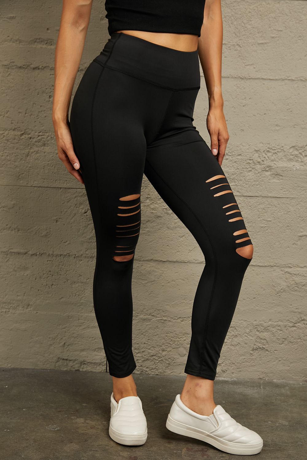 Double Take Wide Waistband Distressed Slim Fit Leggings - RebelReine Apparel & Co.