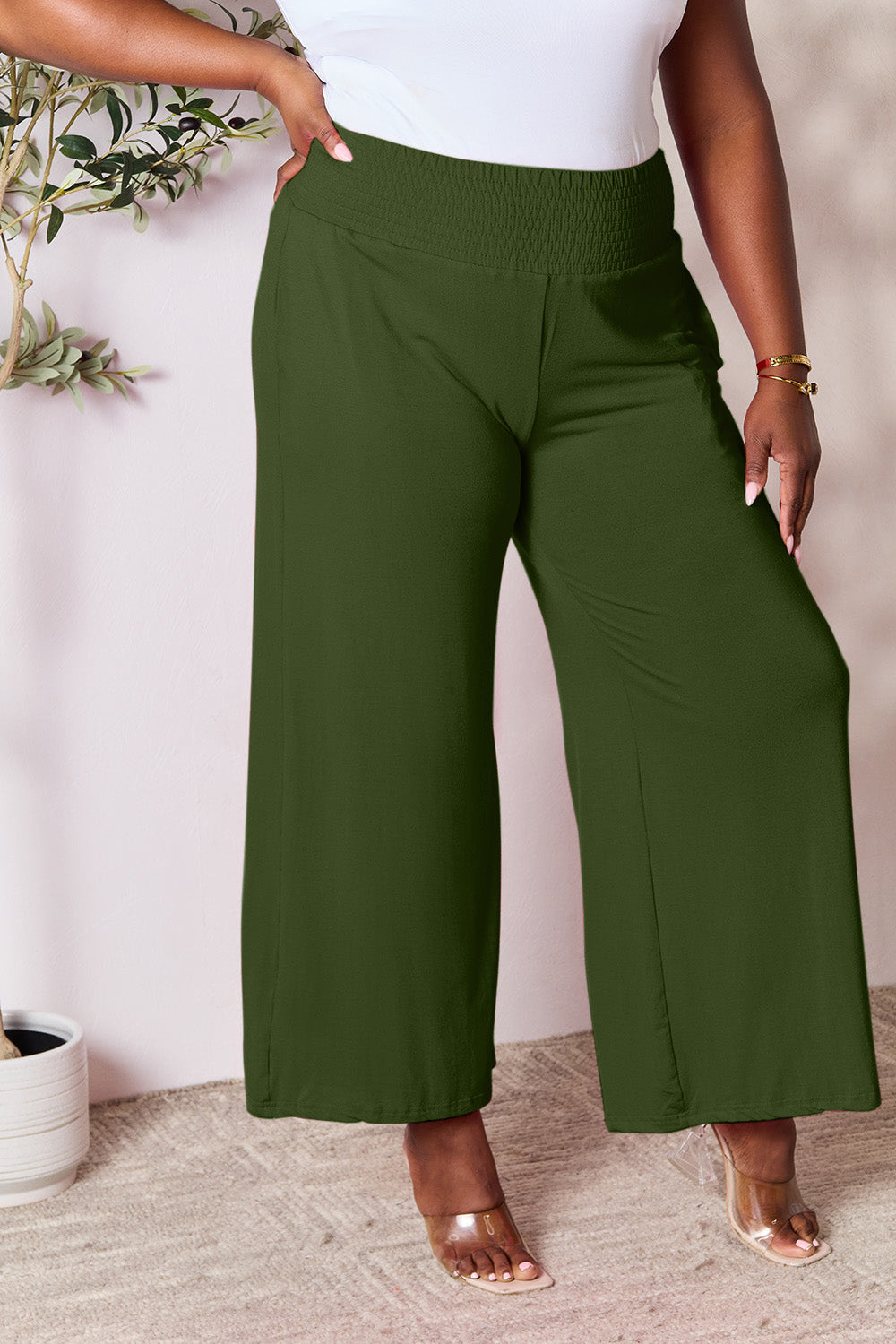 Double Take Full Size Smocked Wide Waistband Wide Leg Pants - RebelReine Apparel & Co.