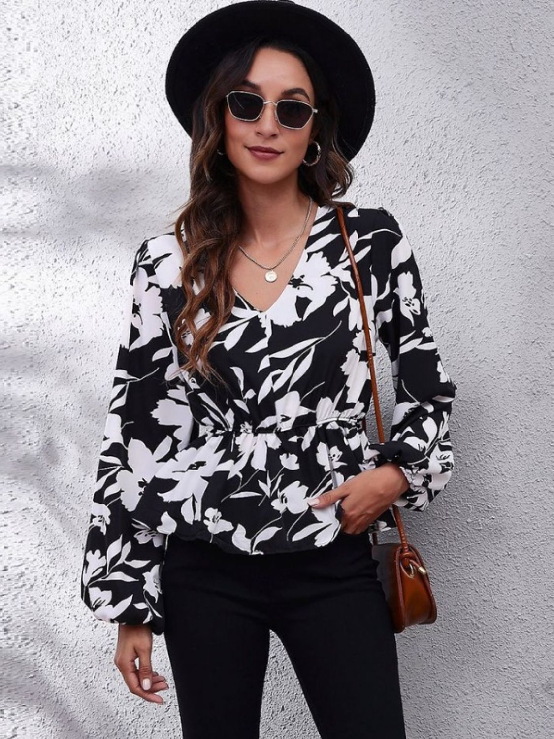 Printed V-Neck Long Sleeve Blouse - RebelReine Apparel & Co.