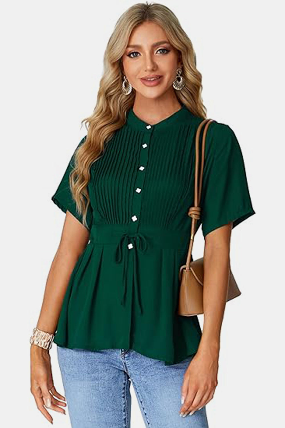 Tied Round Neck Short Sleeve Blouse - RebelReine Apparel & Co.