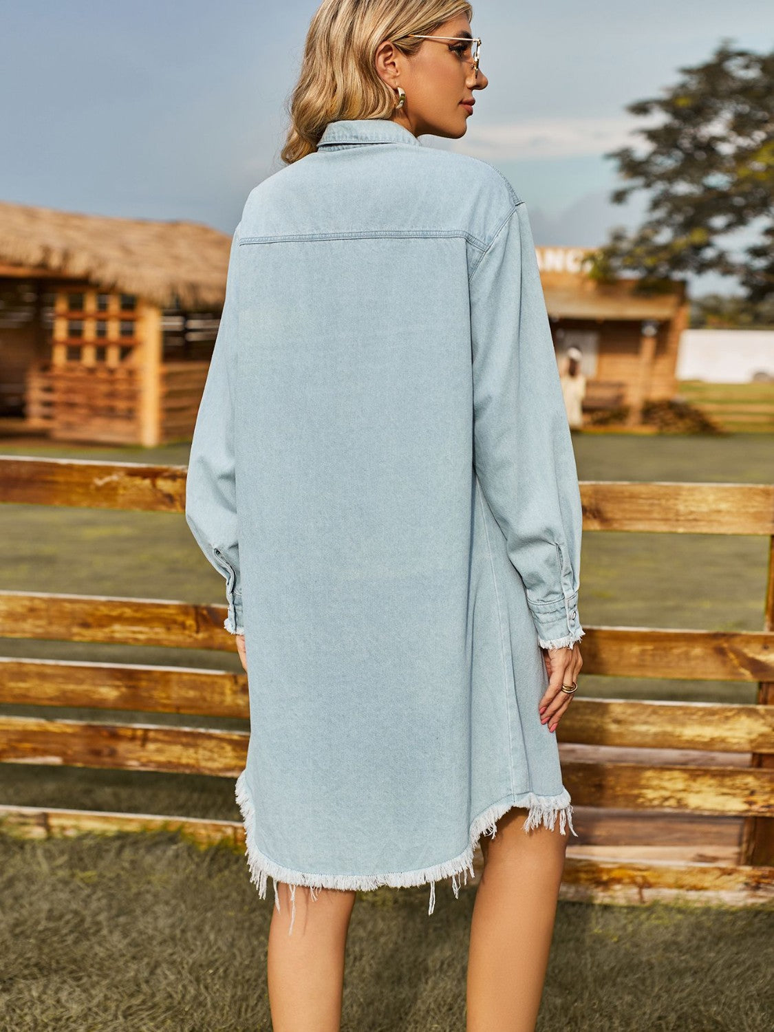 Button Up Collared Neck Raw Hem Denim Dress - RebelReine Apparel & Co.