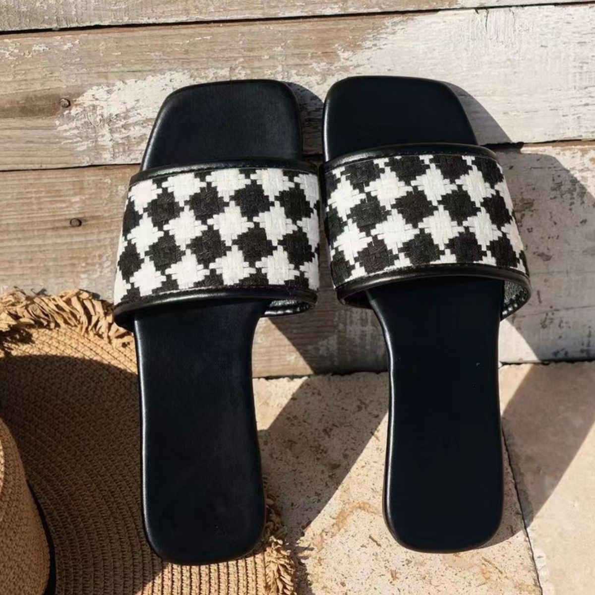 Plaid Open Toe Flat Sandals - RebelReine Apparel & Co.