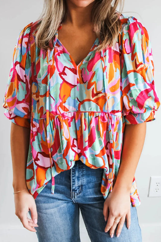 Printed Tie Neck Half Sleeve Blouse - RebelReine Apparel & Co.