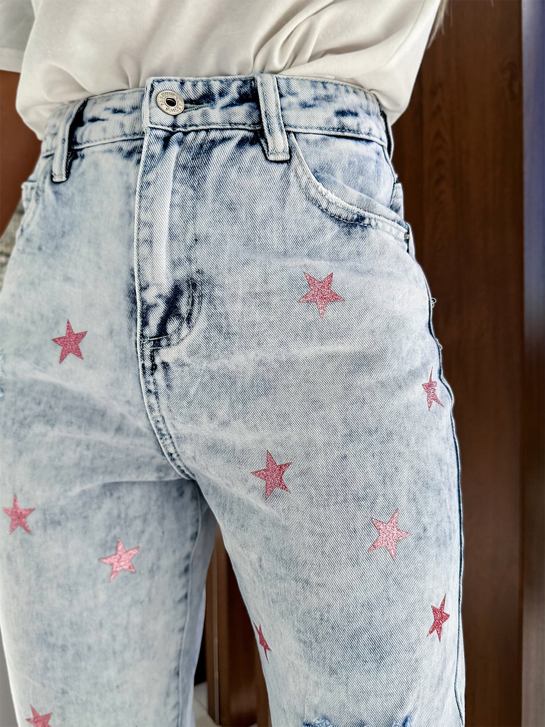 Distressed Star Straight Jeans with Pockets - RebelReine Apparel & Co.