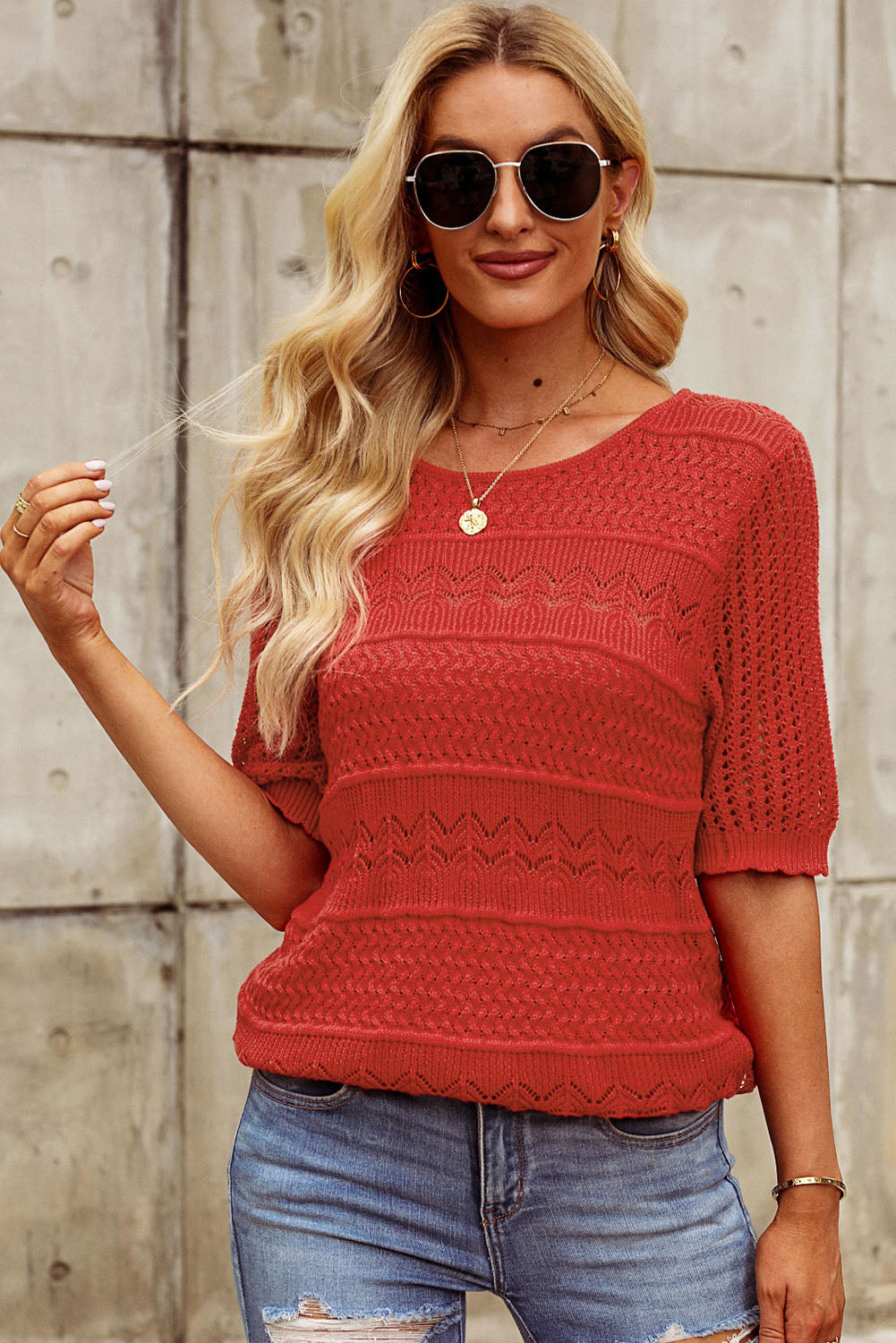 Openwork Round Neck Half Sleeve Knit Top - RebelReine Apparel & Co.