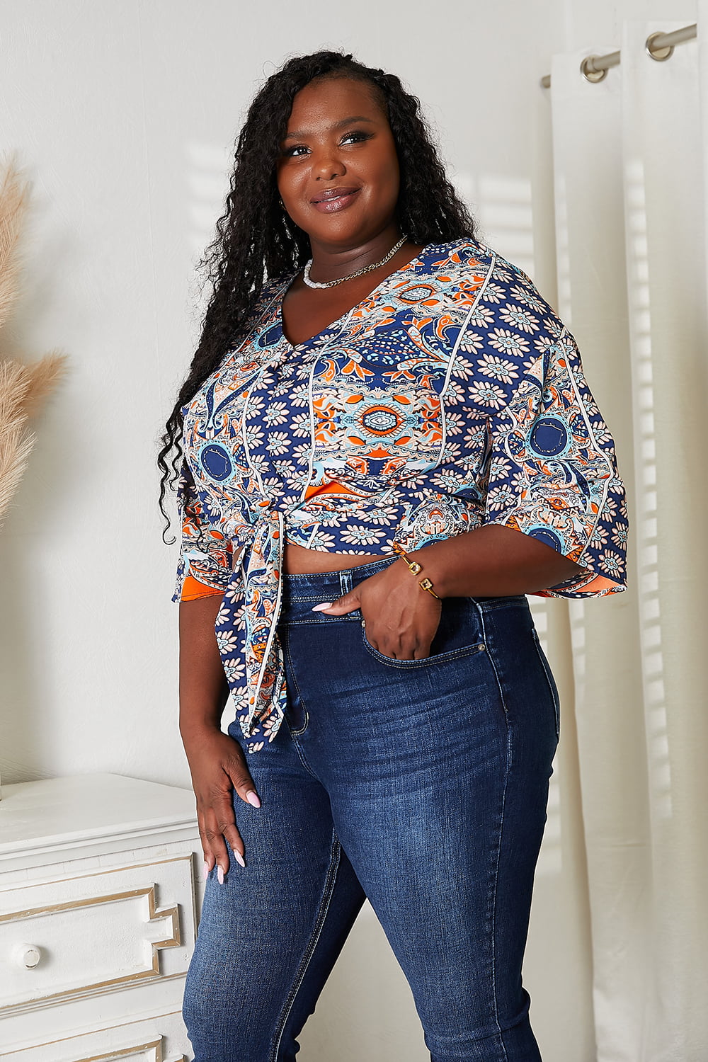 Tie Hem V-Neck Three-Quarter Sleeve Blouse - RebelReine Apparel & Co.