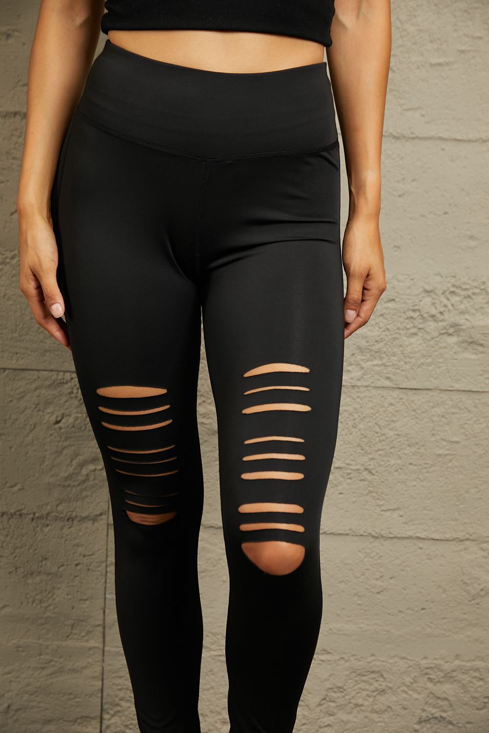 Double Take Wide Waistband Distressed Slim Fit Leggings - RebelReine Apparel & Co.