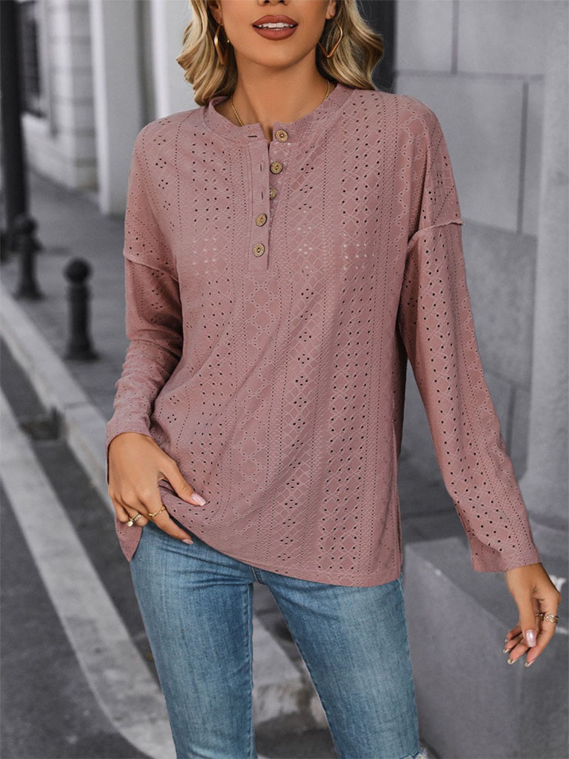 Eyelet Round Neck Long Sleeve Top - RebelReine Apparel & Co.