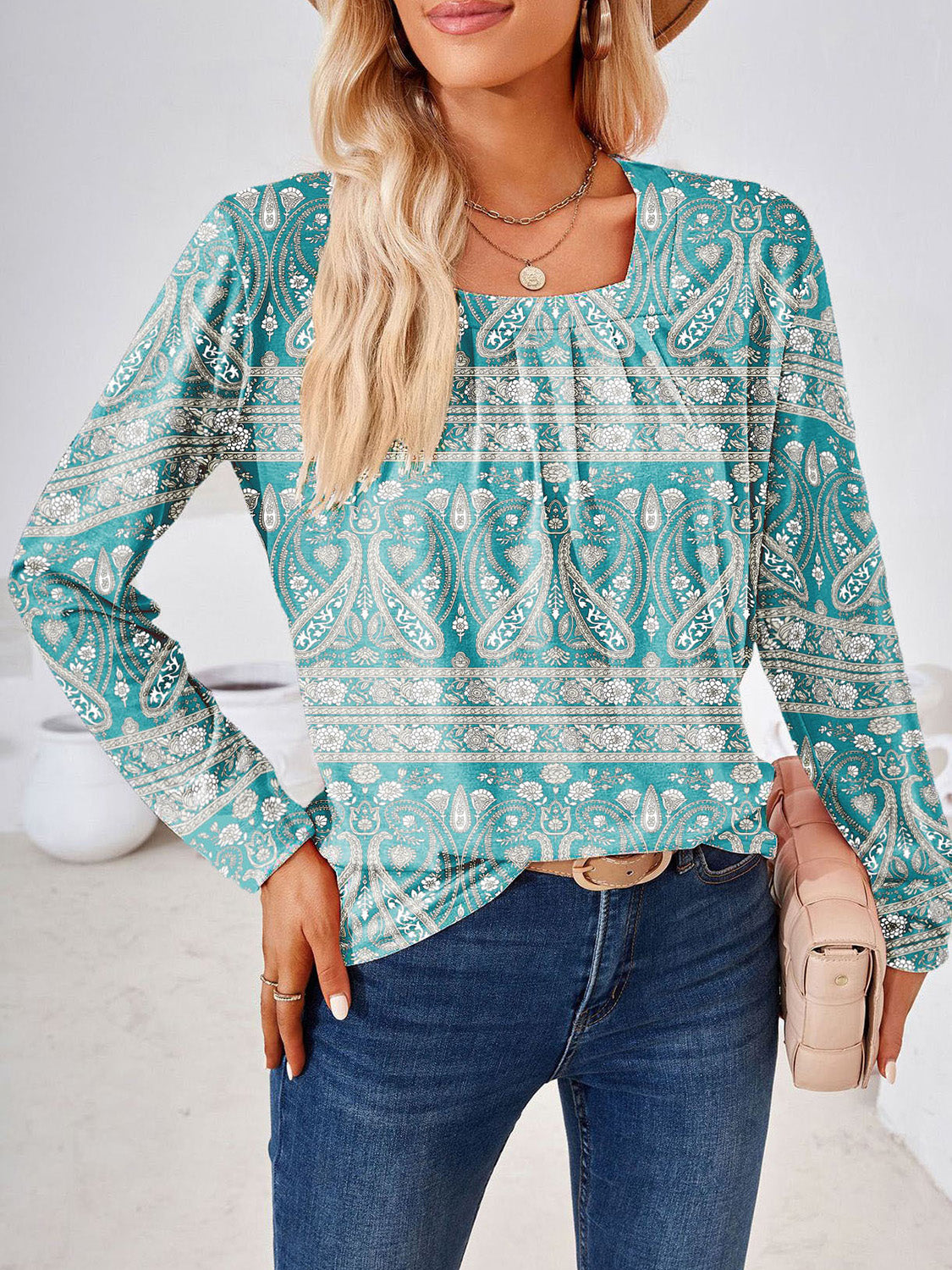 Full Size Square Neck Long Sleeve Blouse - RebelReine Apparel & Co.